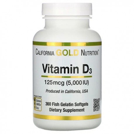 California Gold Nutrition, Vitamin D3, 5,000 IU, 360 Fish Gelatin